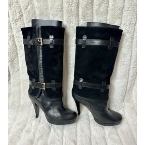 Cole Haan Air Kennedy Buckle Belted Black Leather + Suede Boots Size 5B